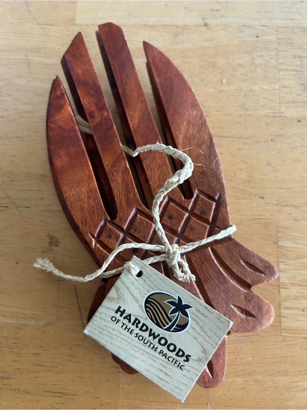 Hand-Carved Wooden Salad Hands with IslandWoods Tag - Warm Brown